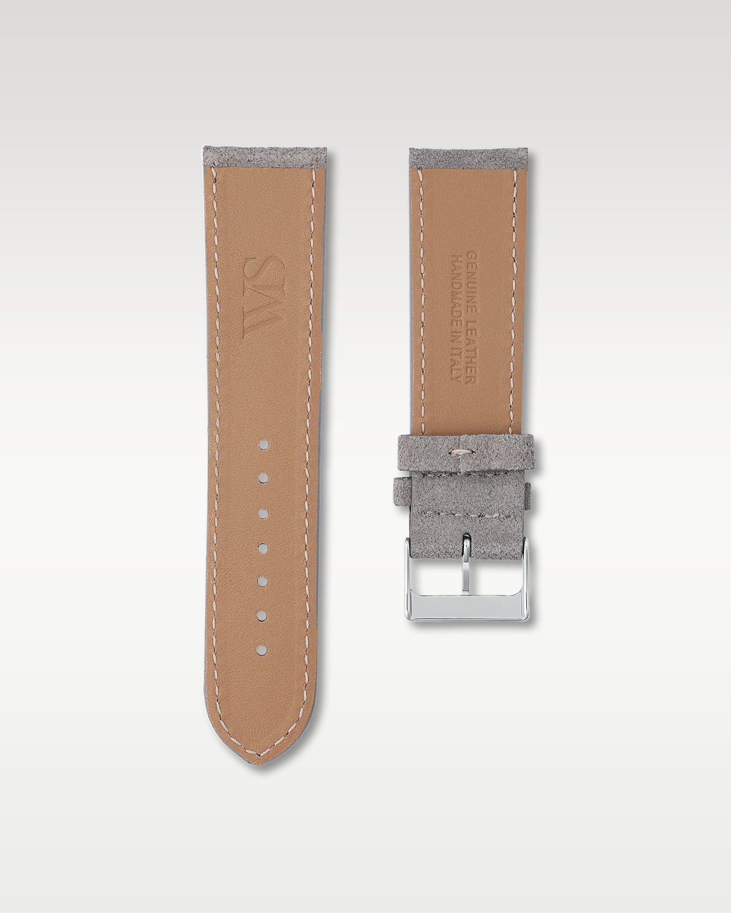 Underside view of WISSTRAPS 24mm Slate Grey suede leather watch strap showing soft tan lining and stamped brand logo