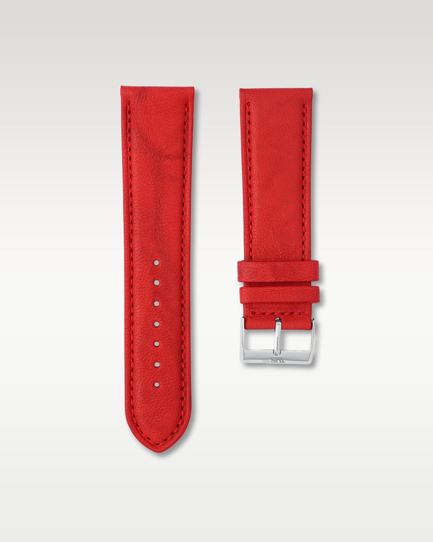 WISSTRAPS Strawberry Red Italian calf leather watch strap 24mm featuring vibrant red stitching and a polished stainless steel buckle