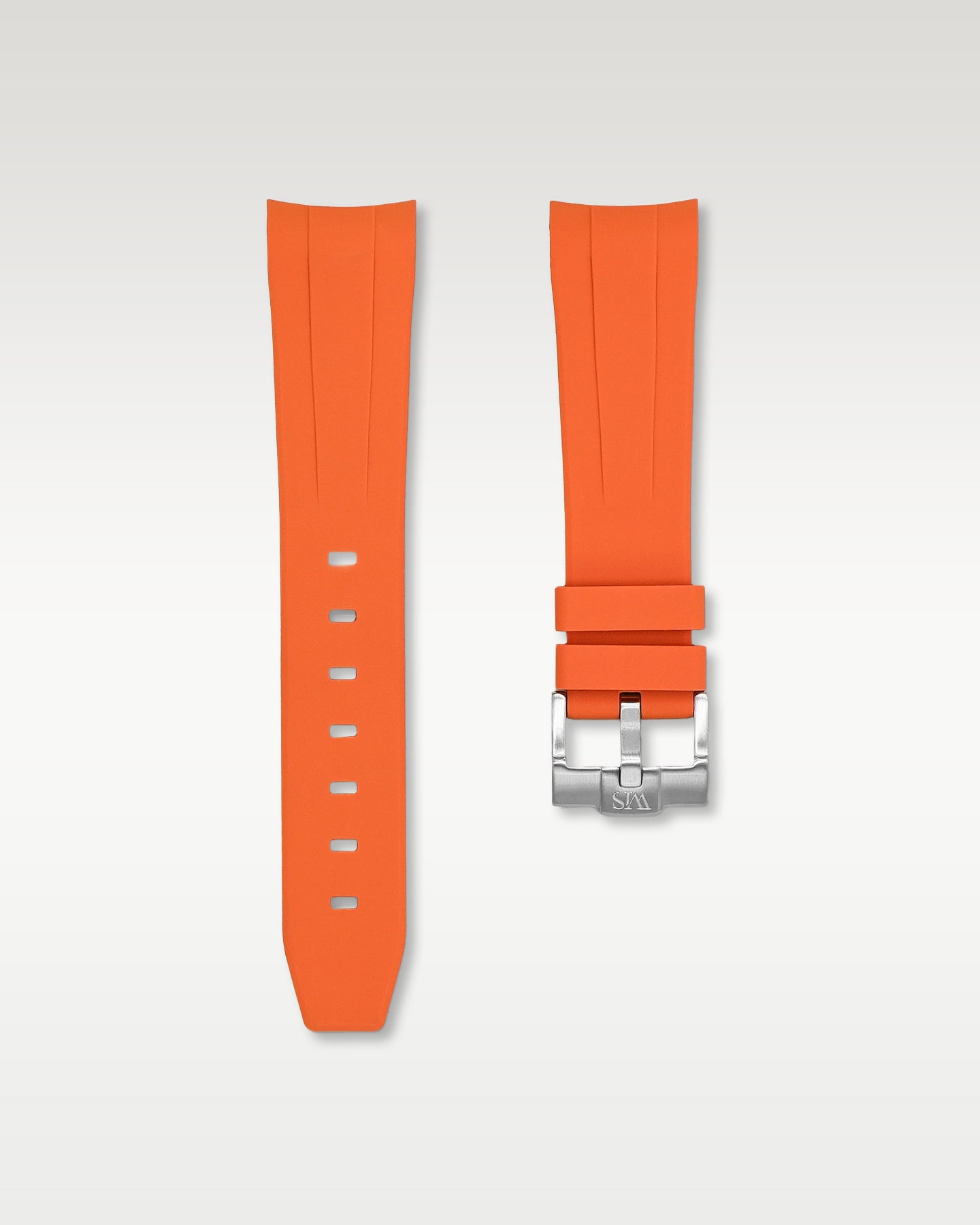 WISSTRAPS 21mm Tangerine Orange integrated curved end rubber watch strap featuring a seamless flush lug fit and brushed stainless steel buckle