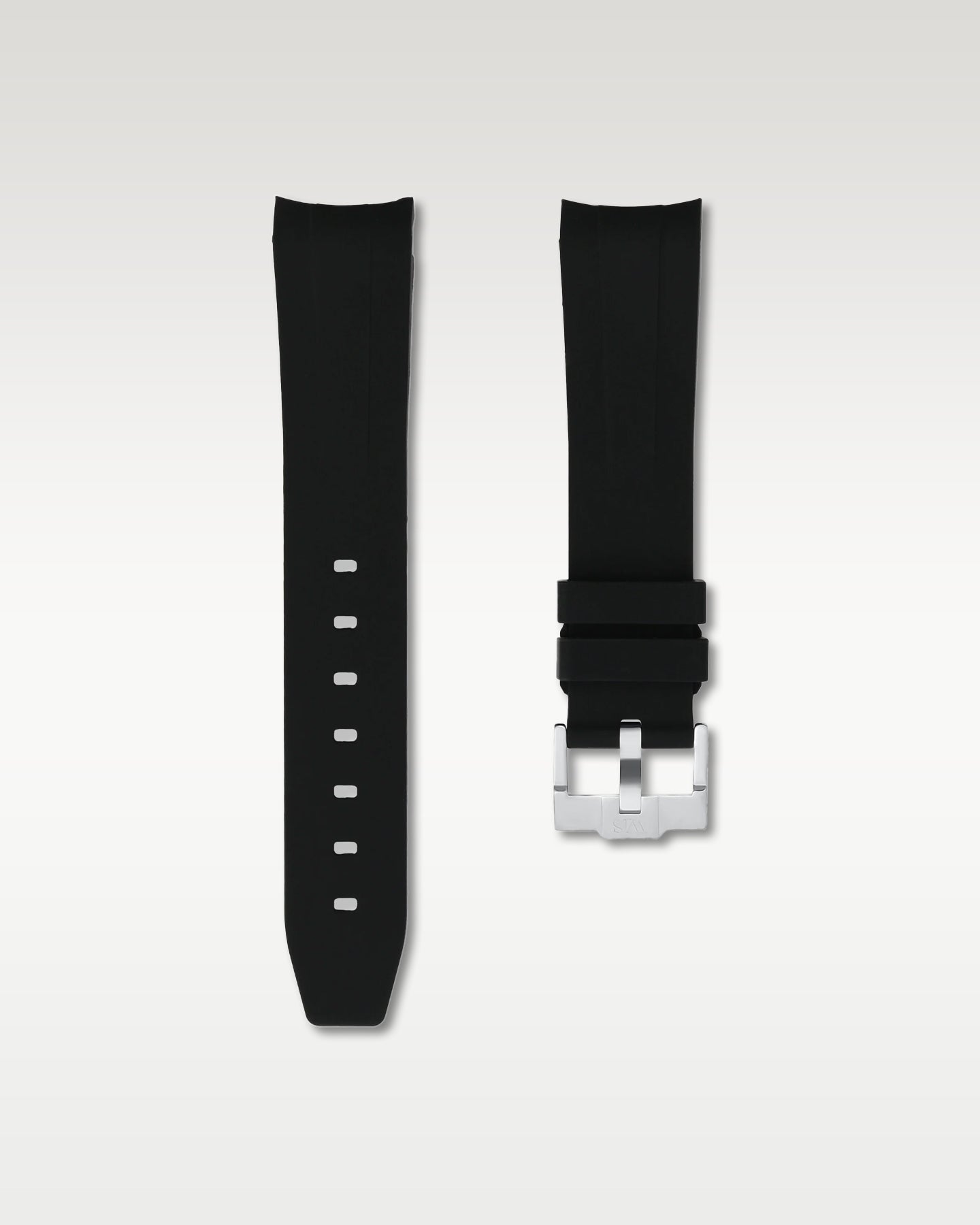 WISSTRAPS 20mm Tuxedo Black integrated curved end rubber watch strap featuring a seamless flush lug fit and brushed stainless steel buckle
