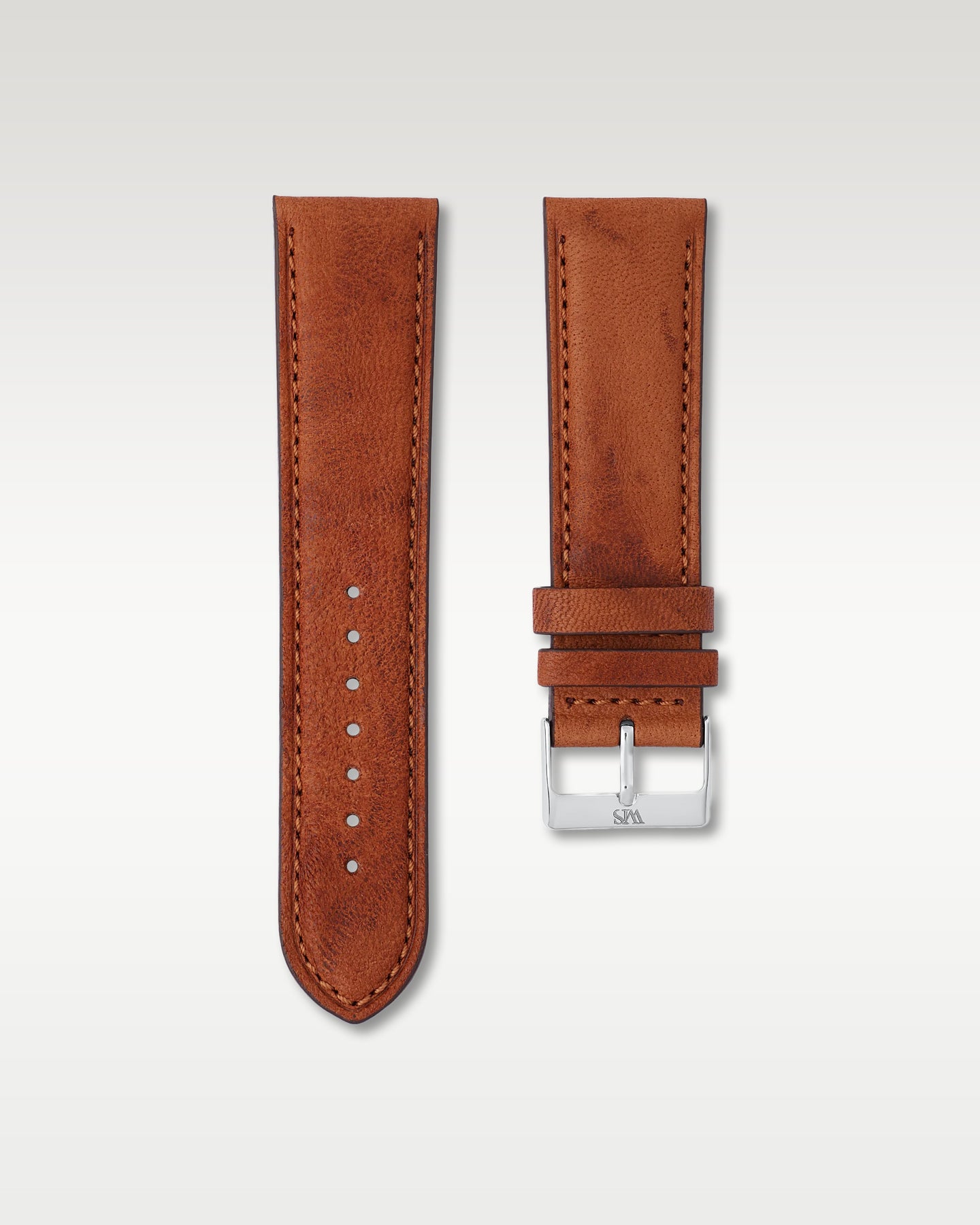 Front view of the WISSTRAPS Woodland Brown 24mm Italian calf leather watch strap featuring classic stitching and a stainless steel buckle, available at Grand Caliber