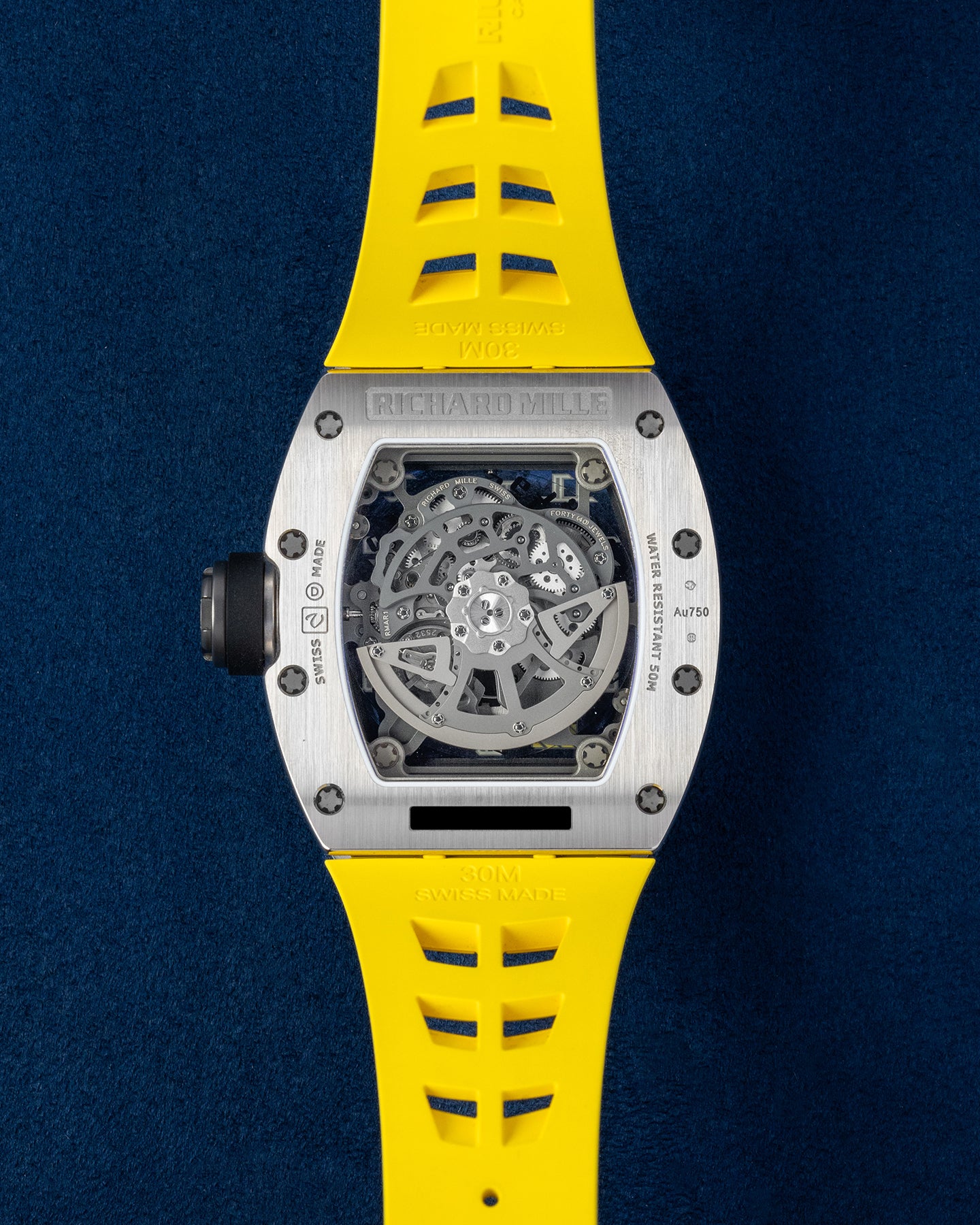 50mm White Gold Richard Mille RM030 Yellow Rubber Strap Diamond Bezel Watch