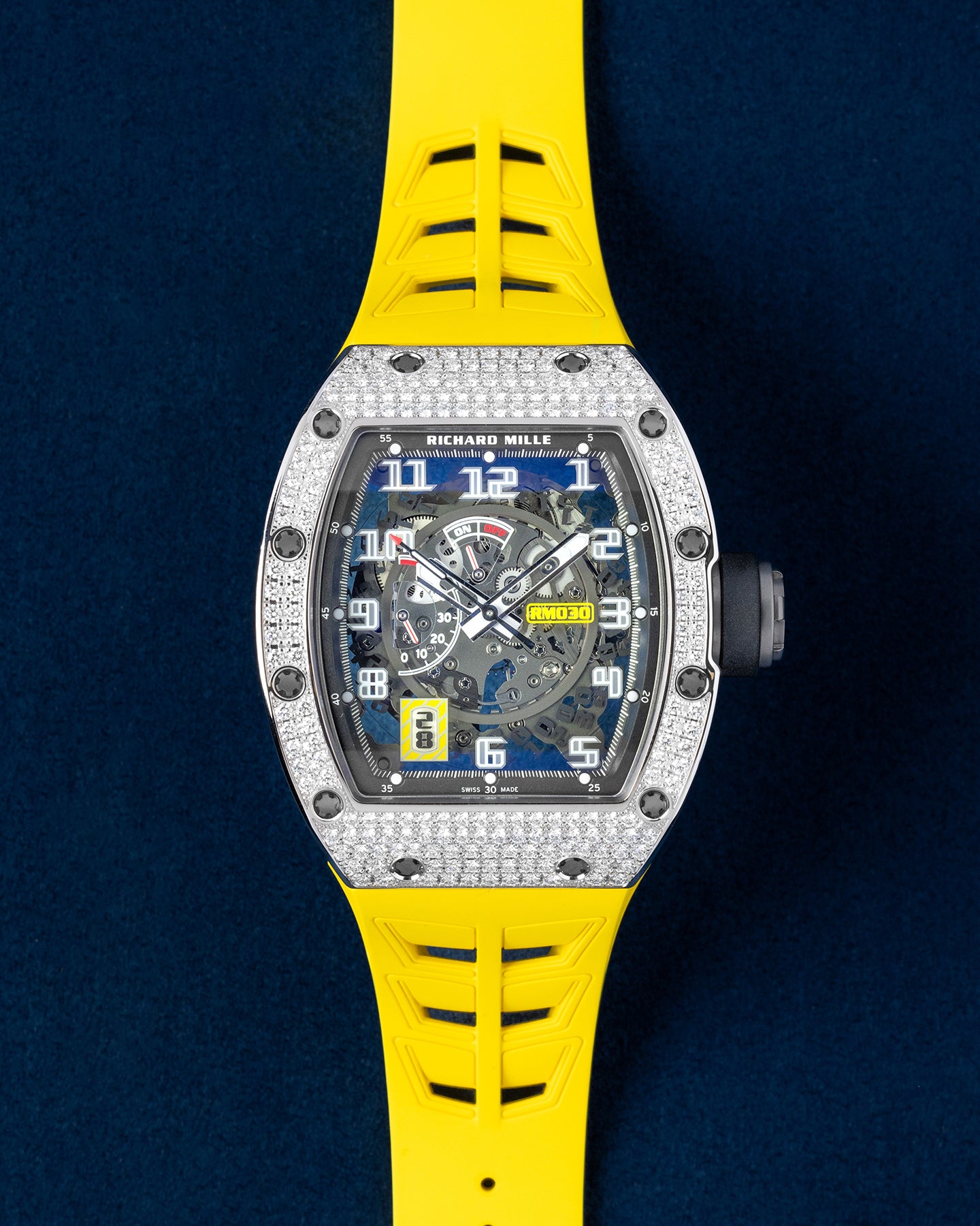 50mm White Gold Richard Mille RM030 Yellow Rubber Strap Diamond Bezel Watch