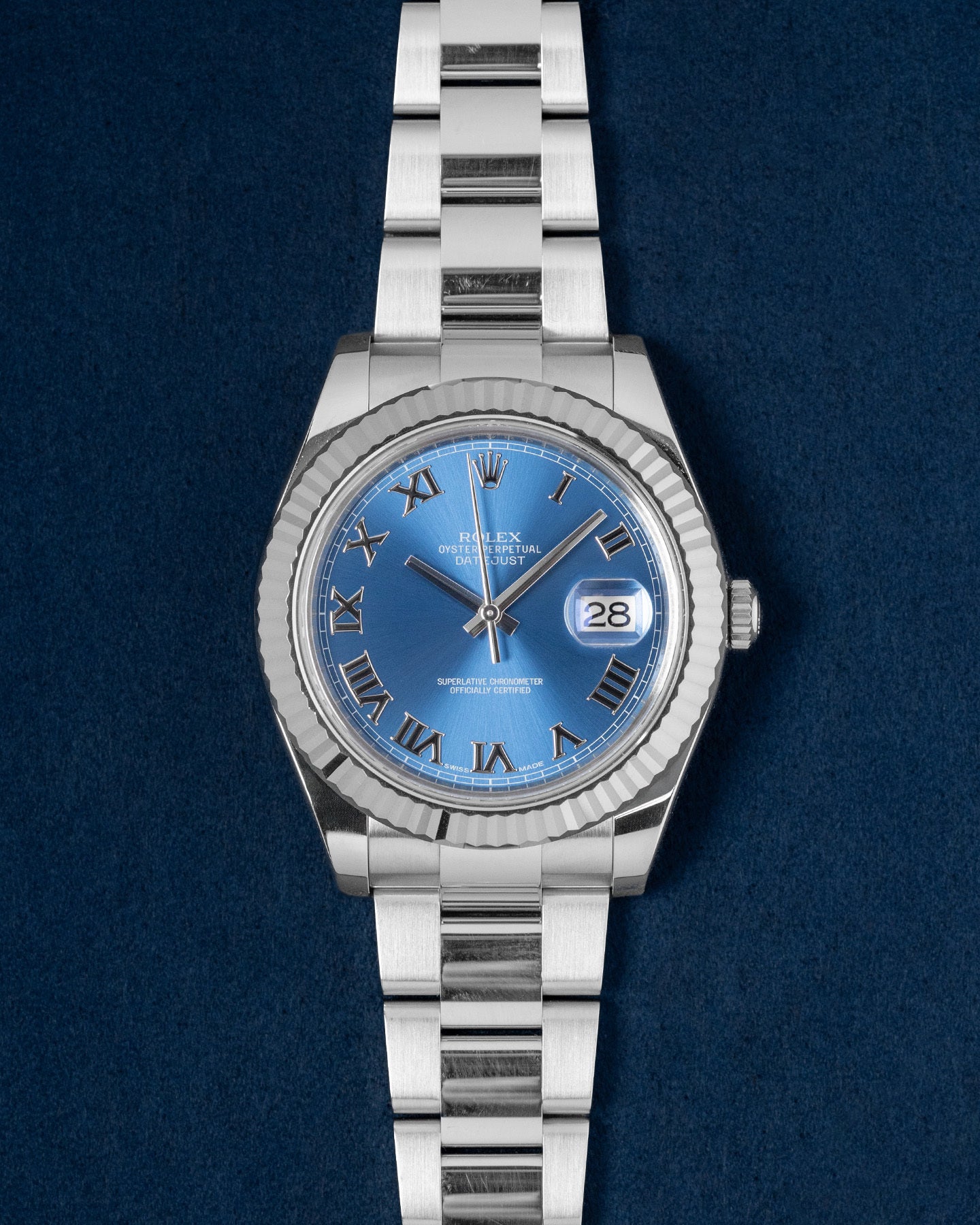 Rolex Datejust Blue Dial 116334 on Fluted Bezel with Oyster Strap