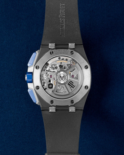 Sapphire exhibition caseback displaying the caliber 4401 automatic flyback chronograph manufacture movement on an AP Royal Oak Offshore