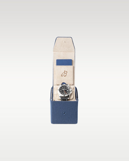 Brand new Breitling Avenger Automatic GMT 43 A32397 complete full set showing the sustainable blue fabric watch pouch box