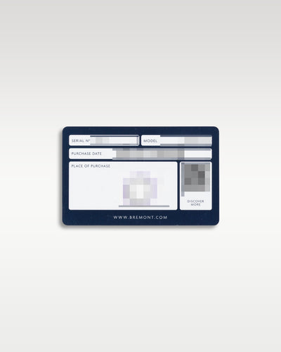 The official Bremont Hawking identification and warranty card displaying product registration numbers