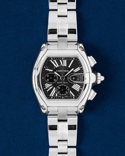 Pre-owned Cartier Roadster XL Chronograph W62020X6 40mm steel watch with black roulette Roman dial at Grand Caliber Dallas