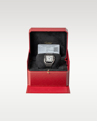 Pre owned 2024 Cartier Santos de Cartier Large WSSA0018 complete full set with alternative leather strap and original red luxury watch box