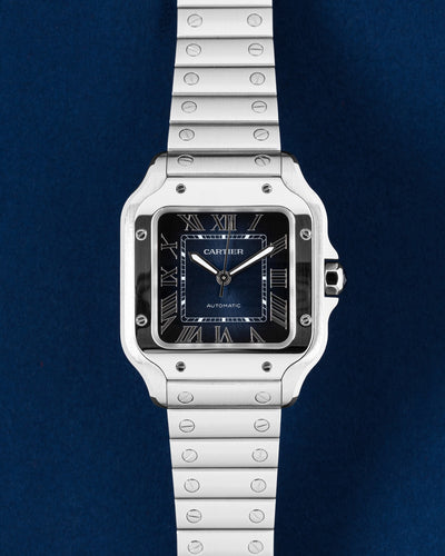 Pre-owned 2026 Cartier Santos de Cartier stainless steel blue dial luxury watch front view