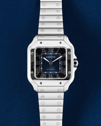 Pre-owned 2026 Cartier Santos de Cartier stainless steel blue dial luxury watch front view