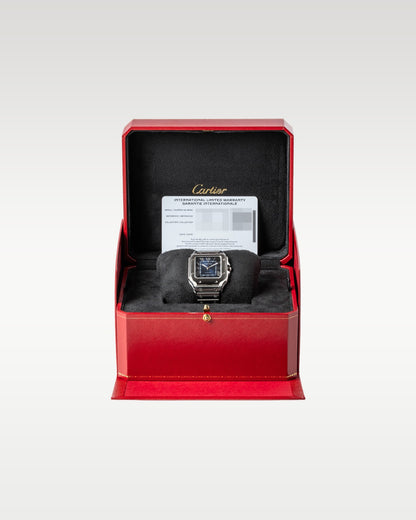 Pre-owned 2026 Cartier Santos de Cartier blue dial watch full set presentation with red luxury box