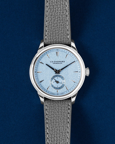 Brand new 2026 Chopard L.U.C. Quattro 43mm 950 platinum watch 161954-9001 with ice blue dial at Grand Caliber Dallas