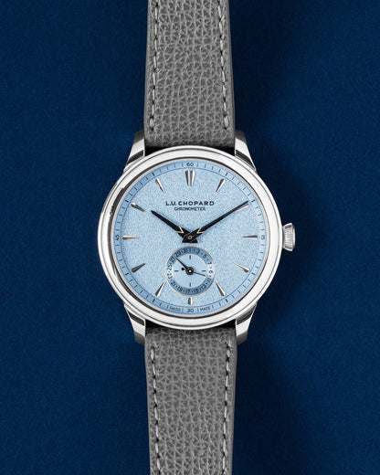 Brand new 2026 Chopard L.U.C. Quattro 43mm 950 platinum watch 161954-9001 with ice blue dial at Grand Caliber Dallas