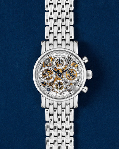 Chronoswiss Opus 38mm chronograph watch featuring a fully skeletonized openwork dial, blued steel hands, and a coin-edge bezel