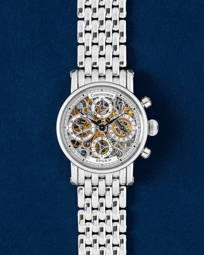 Chronoswiss Opus 38mm chronograph watch featuring a fully skeletonized openwork dial, blued steel hands, and a coin-edge bezel