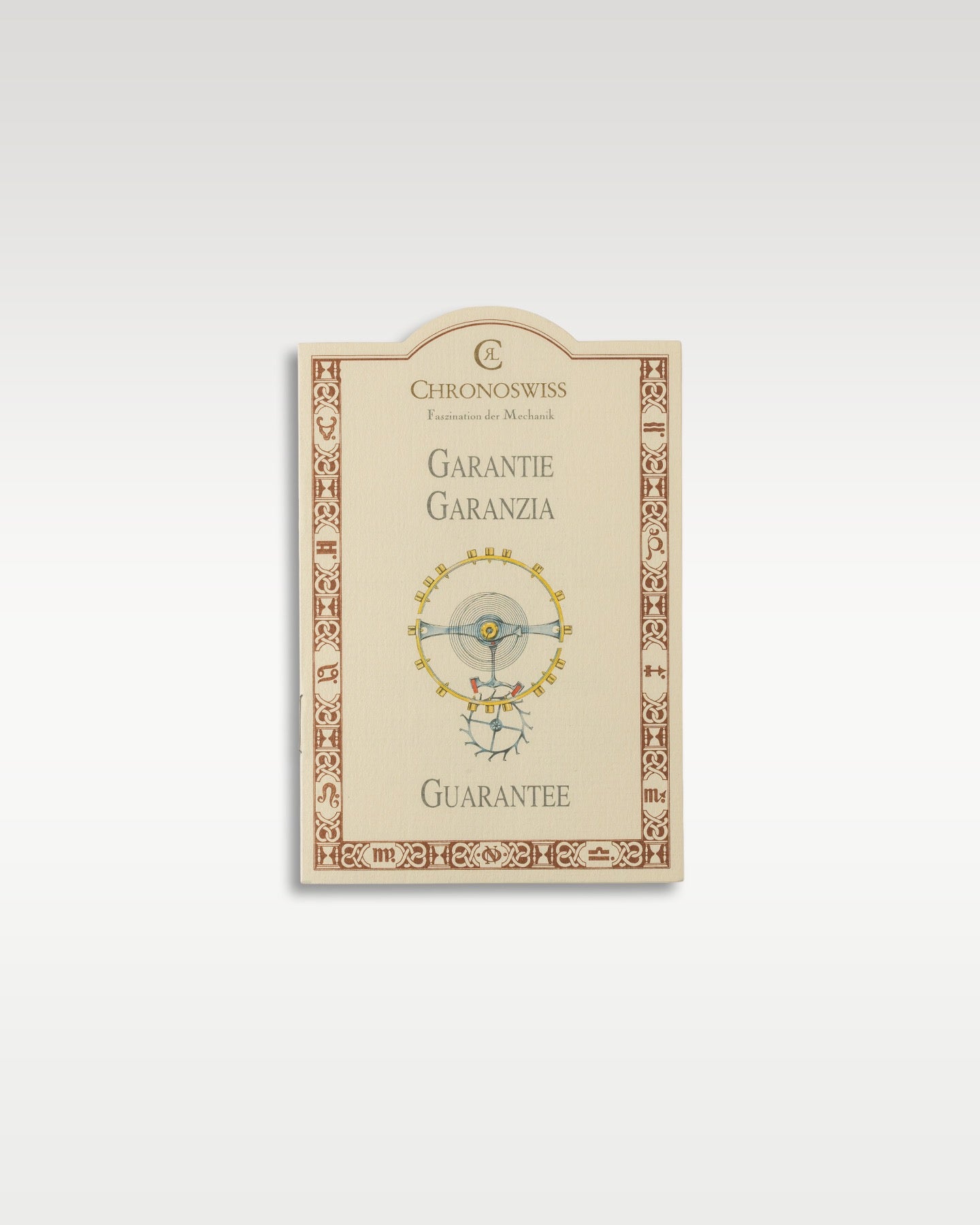 official cream-colored vintage Chronoswiss international guarantee and warranty booklet with gold accents