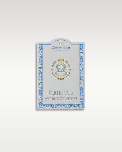 An official white and blue Chronoswiss chronometer timing certificate sheet from the manufacturer