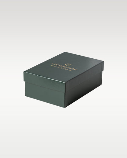 closed rectangular dark forest green protective outer cardboard box with the Chronoswiss gold brand logo
