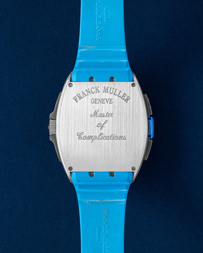 The reverse orientation of the curved Cintrée Curvex style tonneau diver hull highlighting its solid brushed titanium or steel back plate deeply engraved with the iconic Master of Complications lettering script