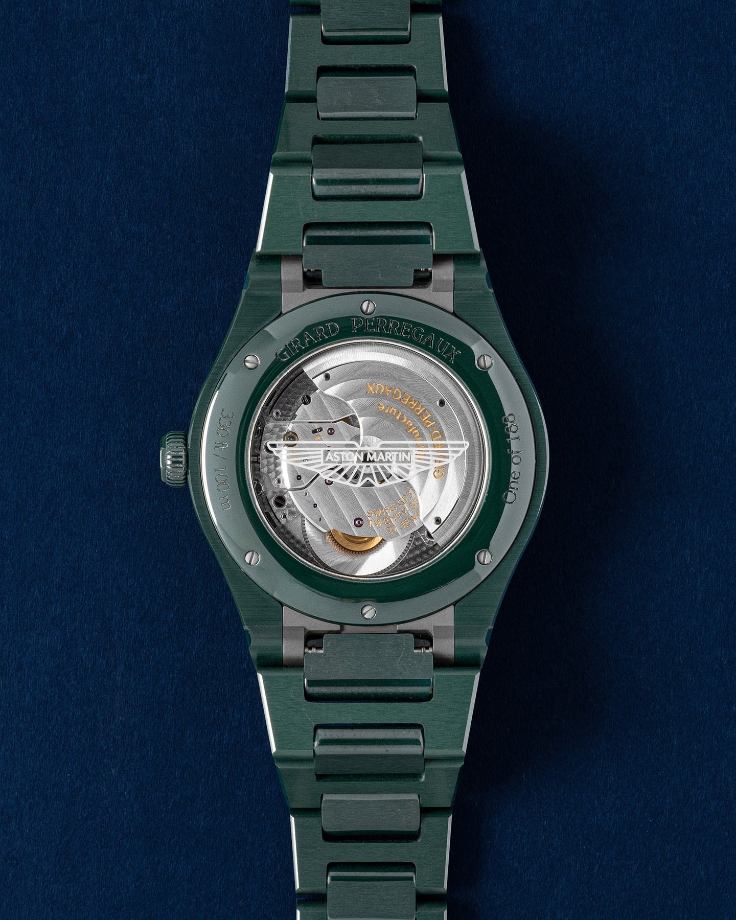 Girard Perregaux Laureato Green Aston Martin Edition 81005-32-3080-1CX, angled view of green ceramic case and bracelet