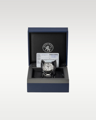 The complete retail collector package featuring the pre-owned SLGH005 White Birch watch nestled inside its inner fabric-lined dark luxury watch chest