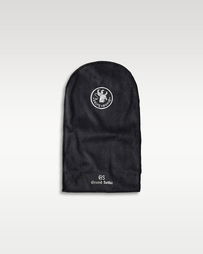 An official black microfiber protective storage and travel watch pouch with the silver embossed Grand Seiko lion crest
