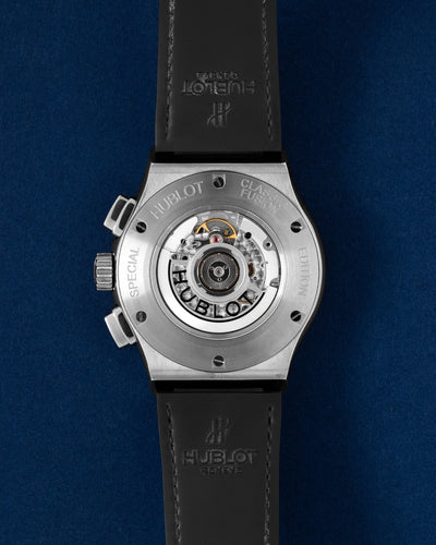 Exhibition sapphire caseback view displaying the caliber HUB1155 automatic skeletonized chronograph movement of a Hublot Aerofusion