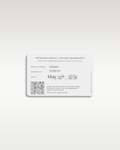 Official white IWC international limited warranty card showing digital registration details for a brand new 2026 model