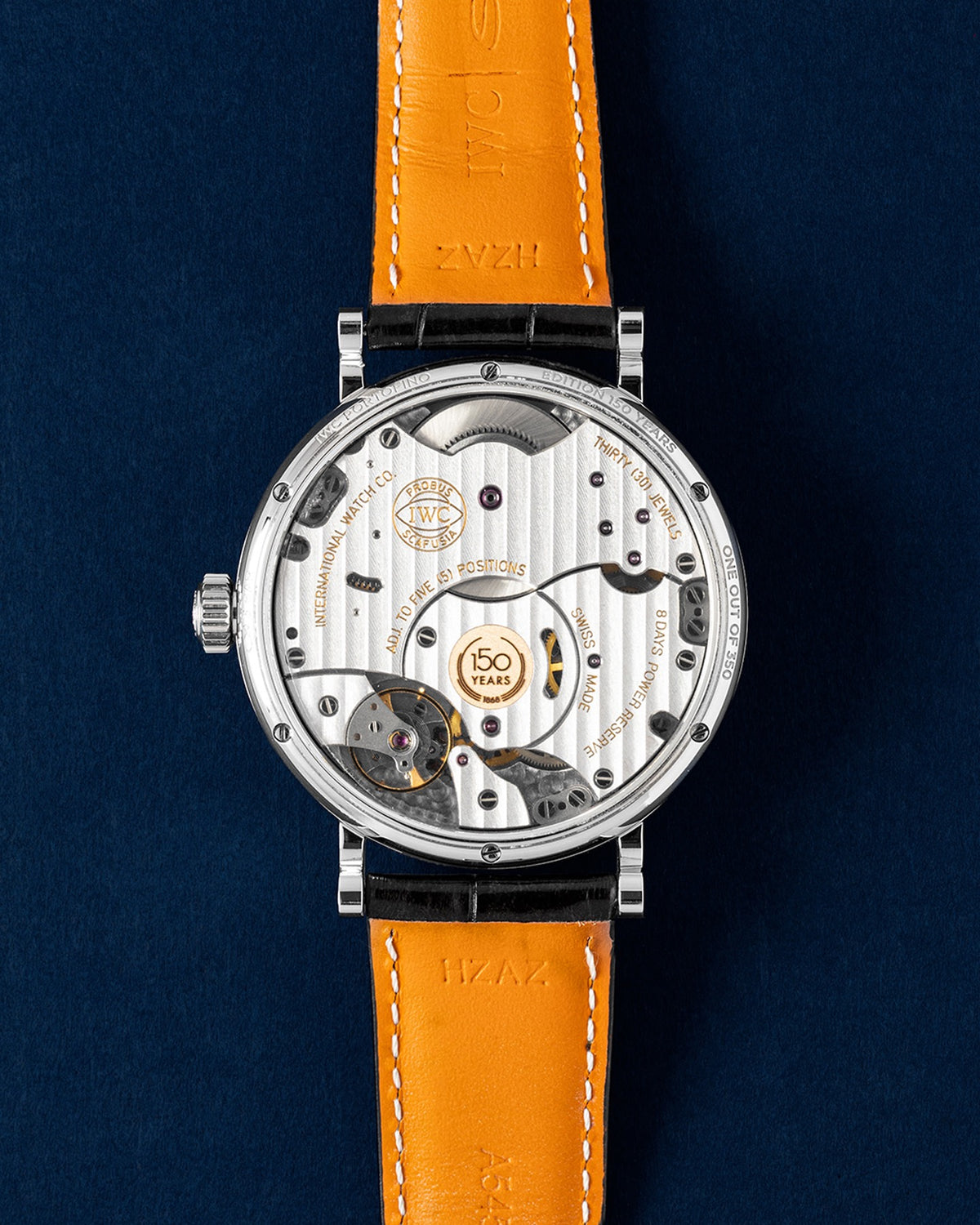 IWC, Portofino Moon Phase Edition 150 Years, IW516406, sapphire case back showing the manual-wind movement