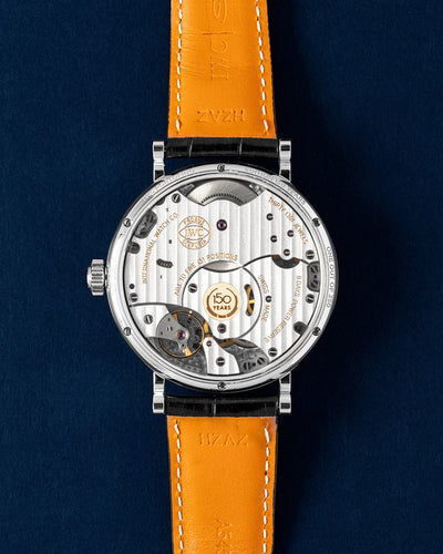 IWC, Portofino Moon Phase Edition 150 Years, IW516406, sapphire case back showing the manual-wind movement