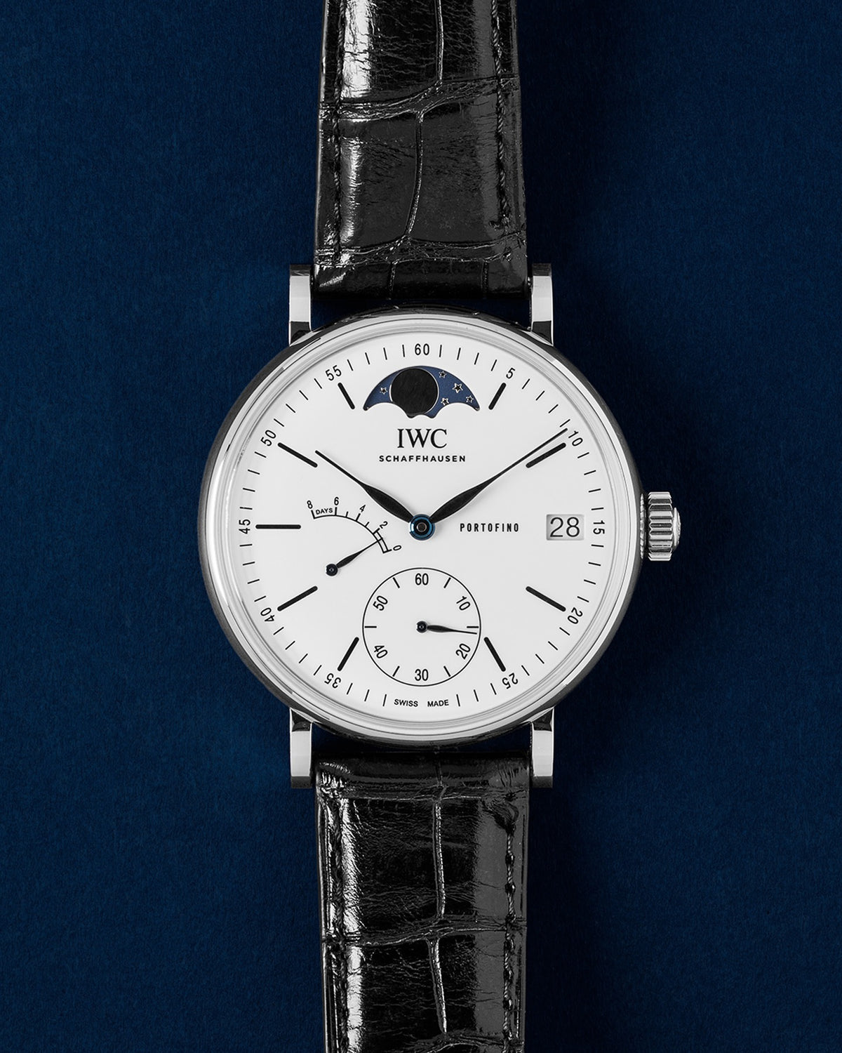 IWC, Portofino Moon Phase Edition 150 Years, IW516406, white dial with moon phase and power reserve on black alligator strap