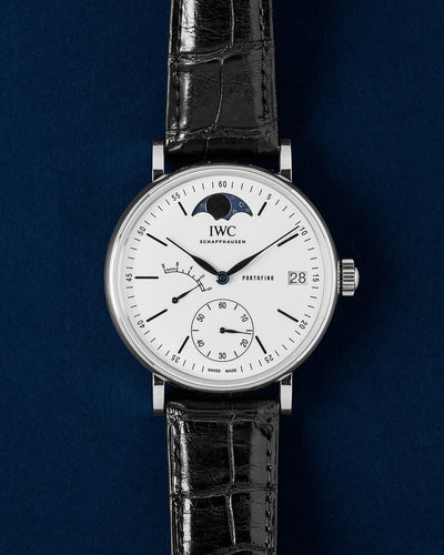IWC, Portofino Moon Phase Edition 150 Years, IW516406, white dial with moon phase and power reserve on black alligator strap