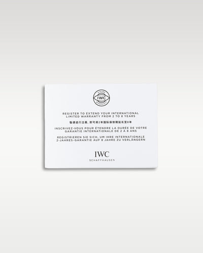 Official white IWC Schaffhausen welcome card insert with instructions for digital warranty registration extensions