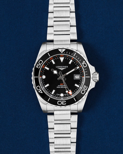Pre-owned Longines HydroConquest GMT 41mm automatic watch L3.790.4.56.6 with sunray black dial and black ceramic bezel at Grand Caliber Dallas