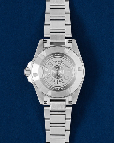Engraved stainless steel closed caseback view of a pre-owned Swiss automatic Longines HydroConquest GMT luxury diver watch