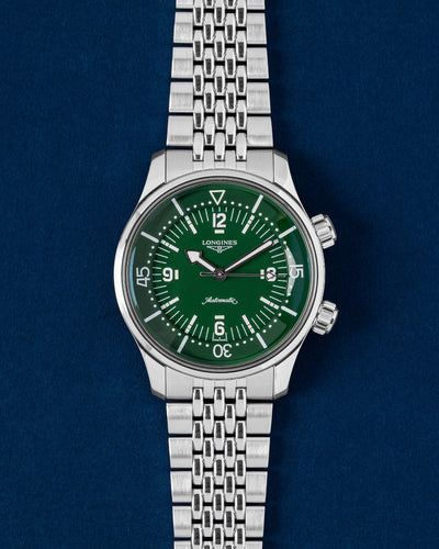 Pre owned 2026 Longines Legend Diver 39mm green dial steel compressor-style watch L3.764.4.06.6 at Grand Caliber Dallas
