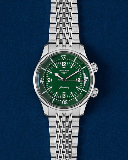 Pre owned 2026 Longines Legend Diver 39mm green dial steel compressor-style watch L3.764.4.06.6 at Grand Caliber Dallas