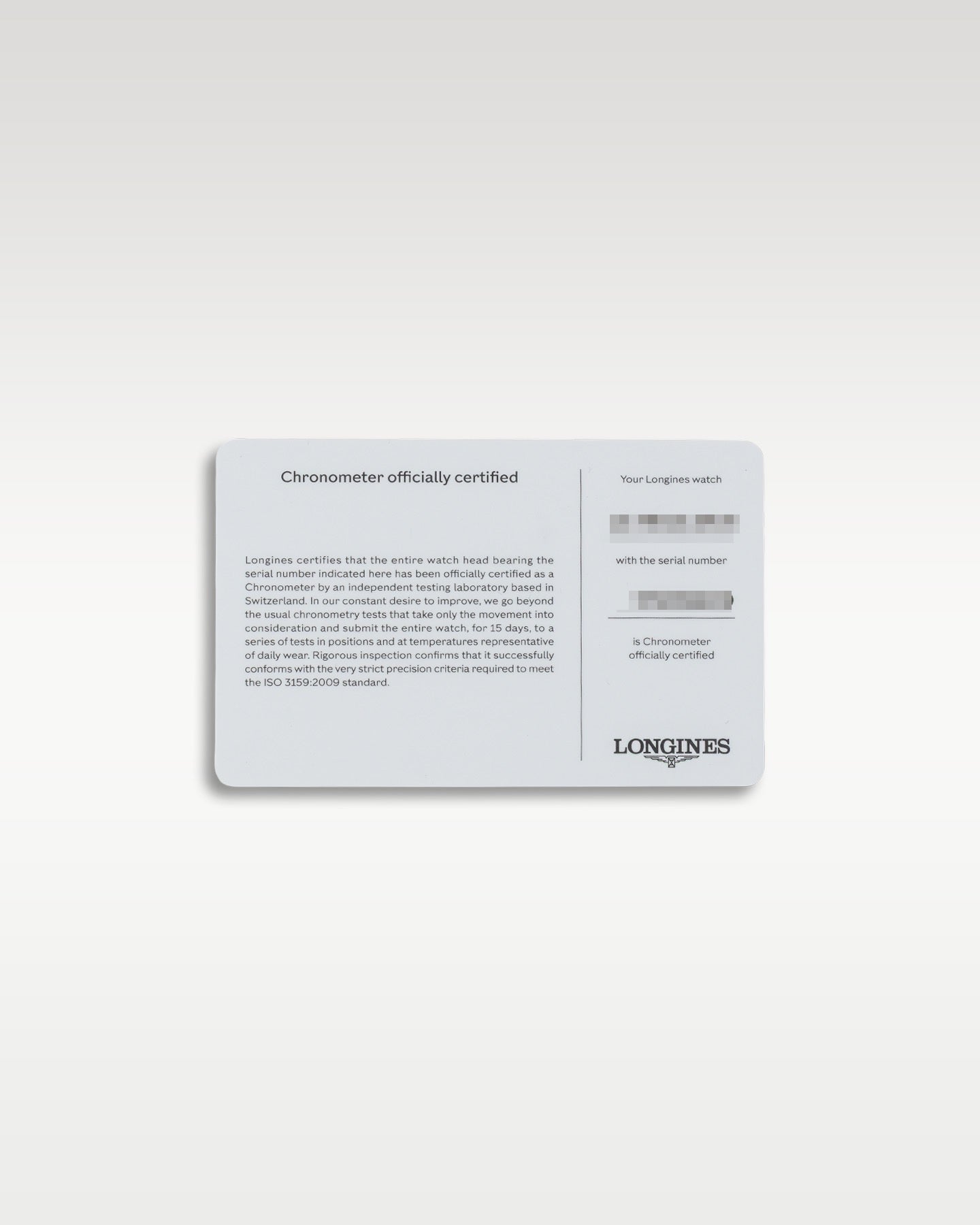 Rear view of the official Longines international guarantee warranty card displaying printed serial numbers and model reference data