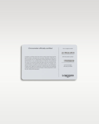 Rear view of the official Longines international guarantee warranty card displaying printed serial numbers and model reference data