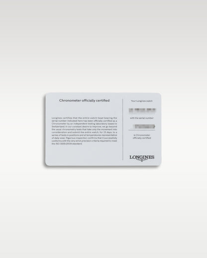 Rear view of the official Longines international guarantee warranty card displaying printed serial numbers and model reference data