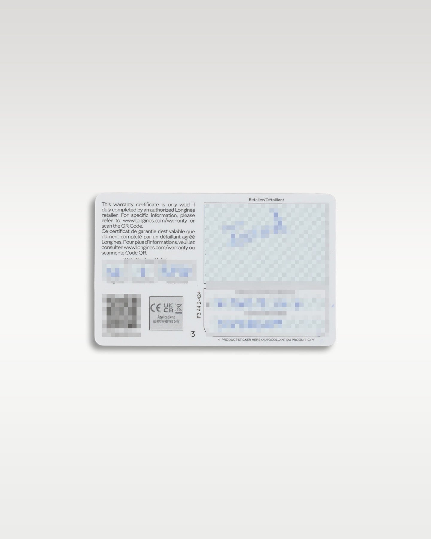 Front view of the official Longines international warranty card showing digital authorization stamp for a pre-owned 2026 watch