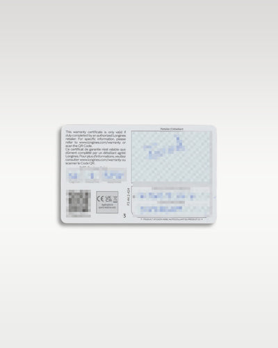 Front view of the official Longines international warranty card showing digital authorization stamp for a pre-owned 2026 watch