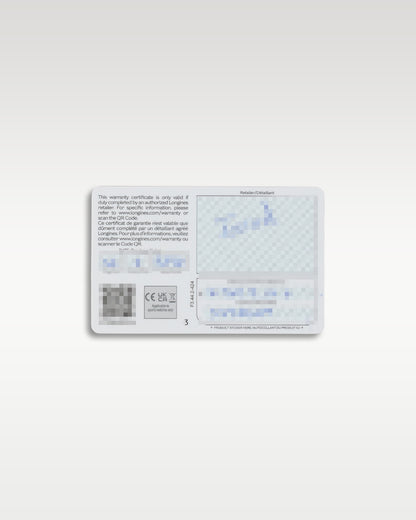 Front view of the official Longines international warranty card showing digital authorization stamp for a pre-owned 2026 watch