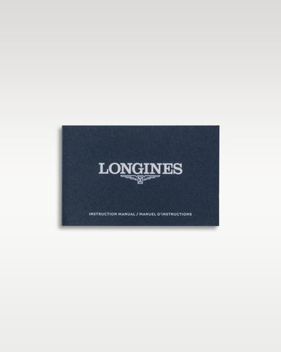 Official navy blue leather Longines document wallet sleeve with silver foil embossed brand lettering