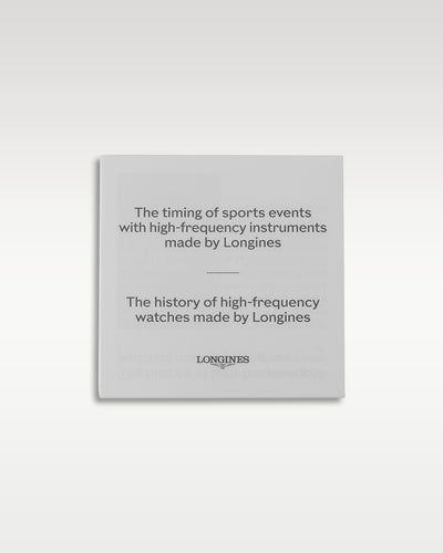 Official white Longines insert card detail detailing the history of sports events timing with high-frequency instruments