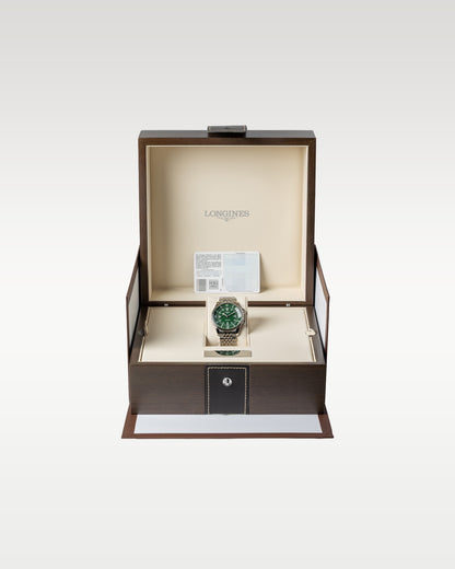 Pre owned 2026 Longines Legend Diver 39mm green dial L3.764.4.06.6 complete full set presentation with its original dark brown luxury watch box