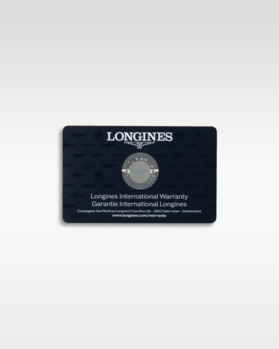 The official navy blue Longines international warranty card featuring an integrated authenticity chip