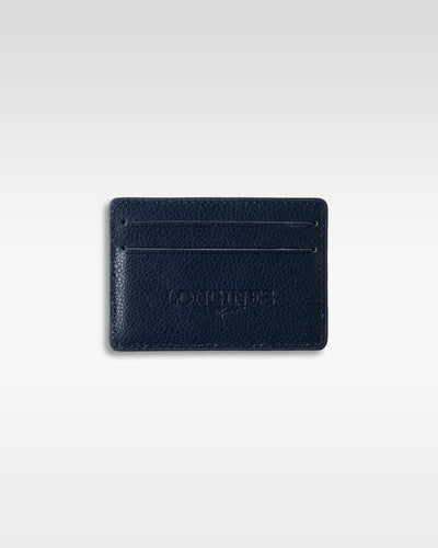 A dark navy blue stitched leather pocket card wallet used for holding Longines international guarantee documentation