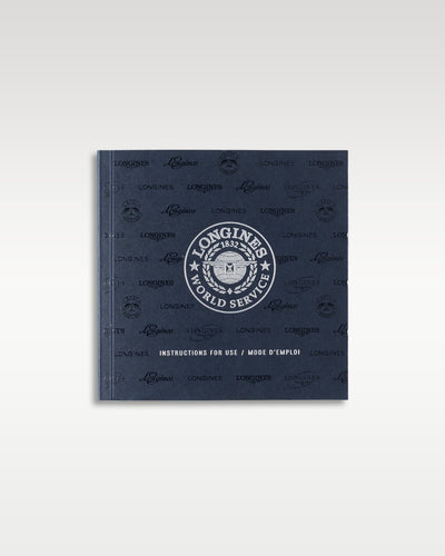 The official square dark blue Longines watch operating instructions and user guide booklet